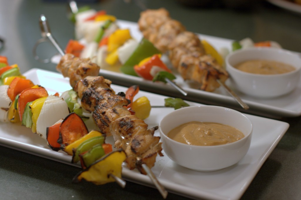 Chicken and Veggie Kabobs with Peanut Dipping Sauce