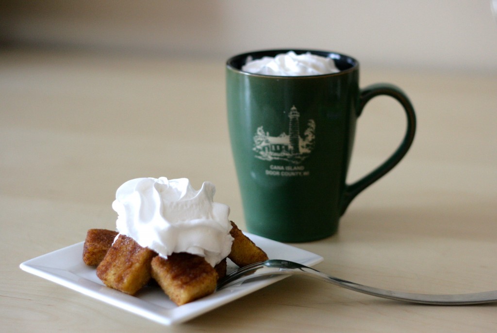 whipped cream on french toast bites and a cinnamon dolce latte